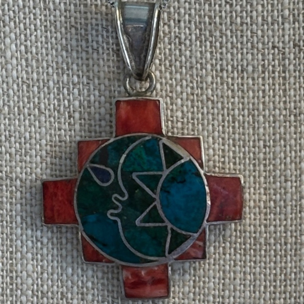 🔵950 Pure Silver Peruvian Cross Turquoise & Orange Necklace Handcrafted & Unisex